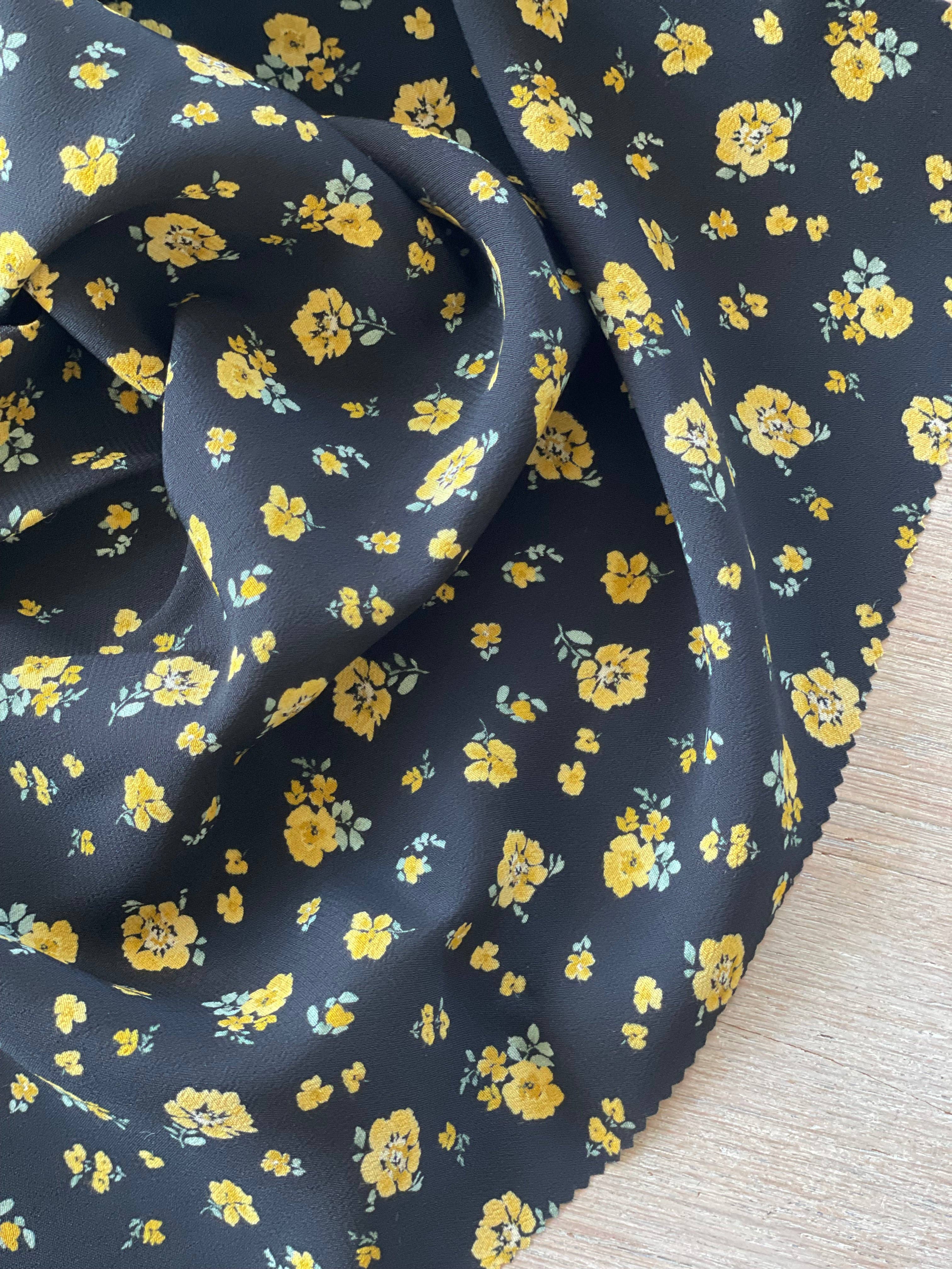 Close-up of Lili print viscose crepe by Atelier 27 showing floral detail and crepe texture