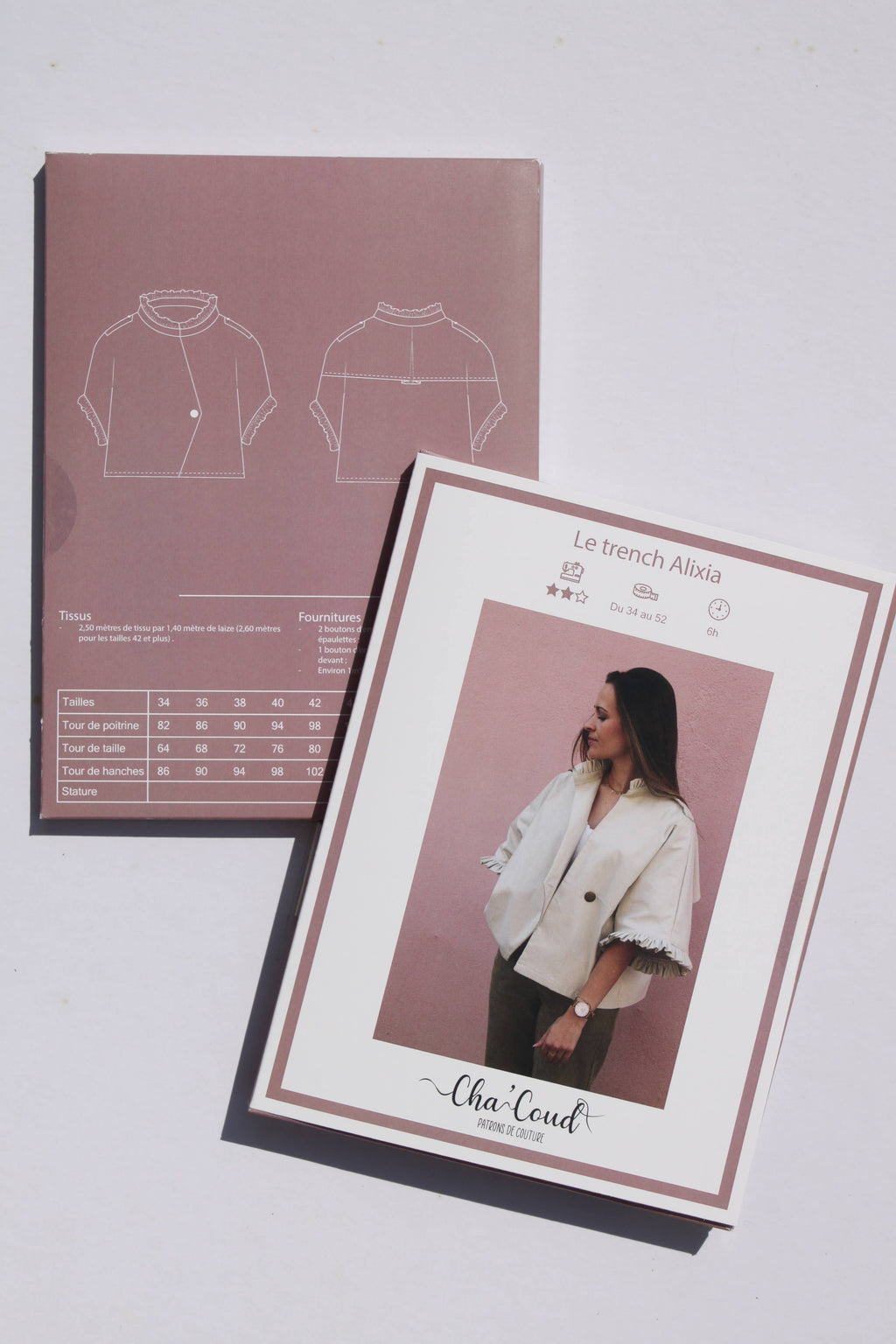 Cha' coud Alixia Trench Coat printed sewing pattern envelope with line drawings and size chart