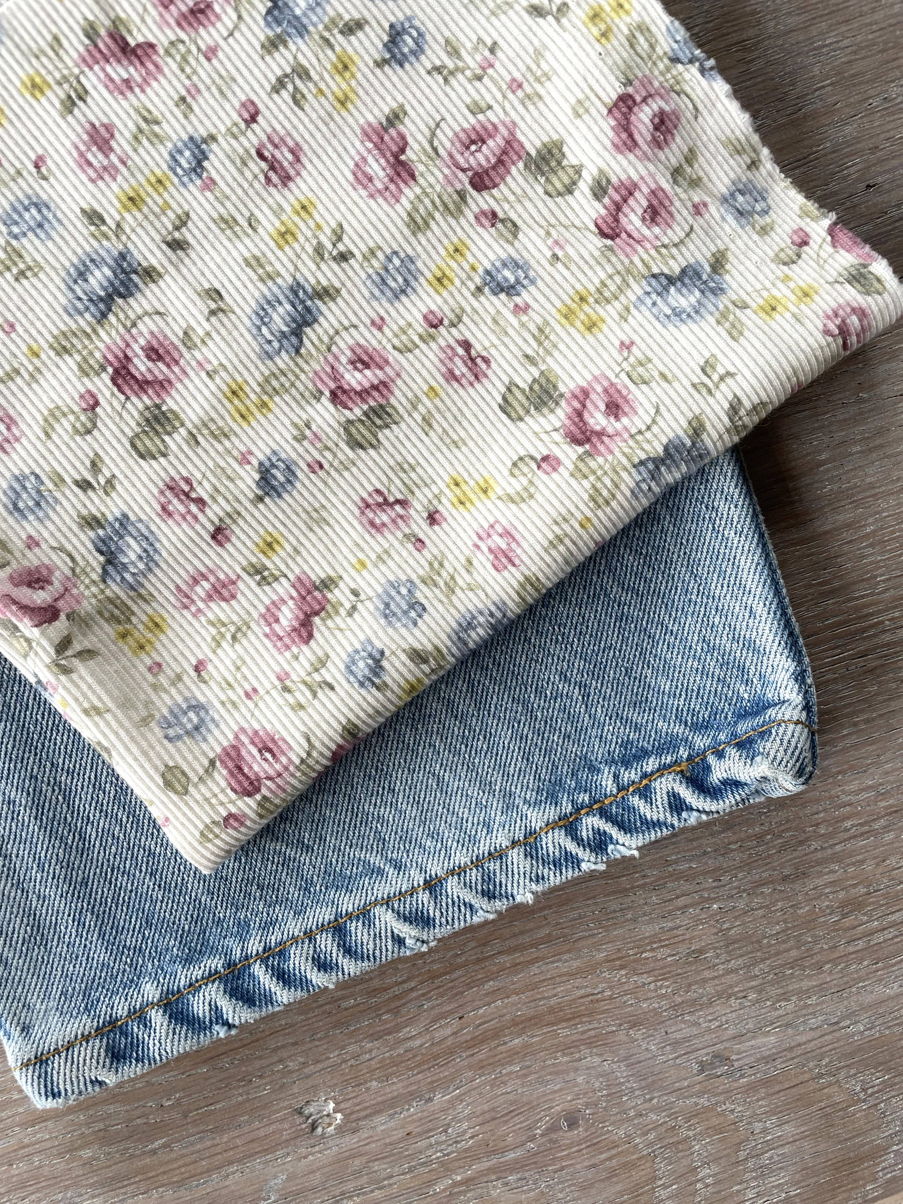 Atelier 27 Louison print cotton mini-rib jersey fabric, floral stripe on ivory, 100% cotton