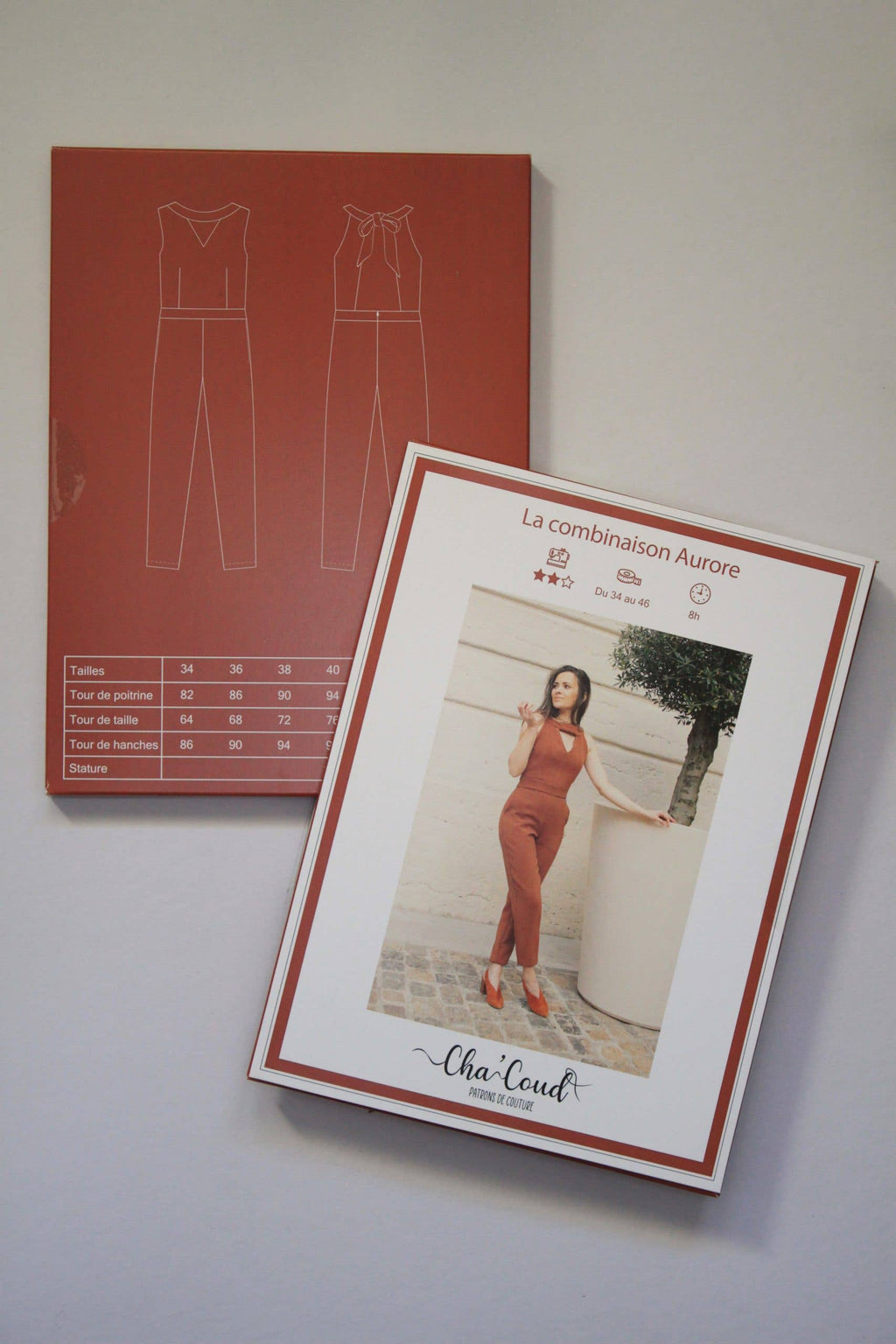 Cha' coud Aurore Jumpsuit printed sewing pattern envelope with line drawings and size chart