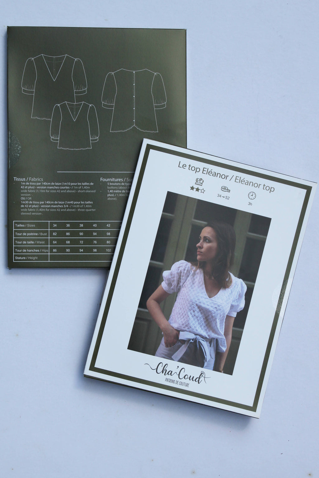 Cha' coud Eléanor Top printed sewing pattern envelope with line drawings and size chart