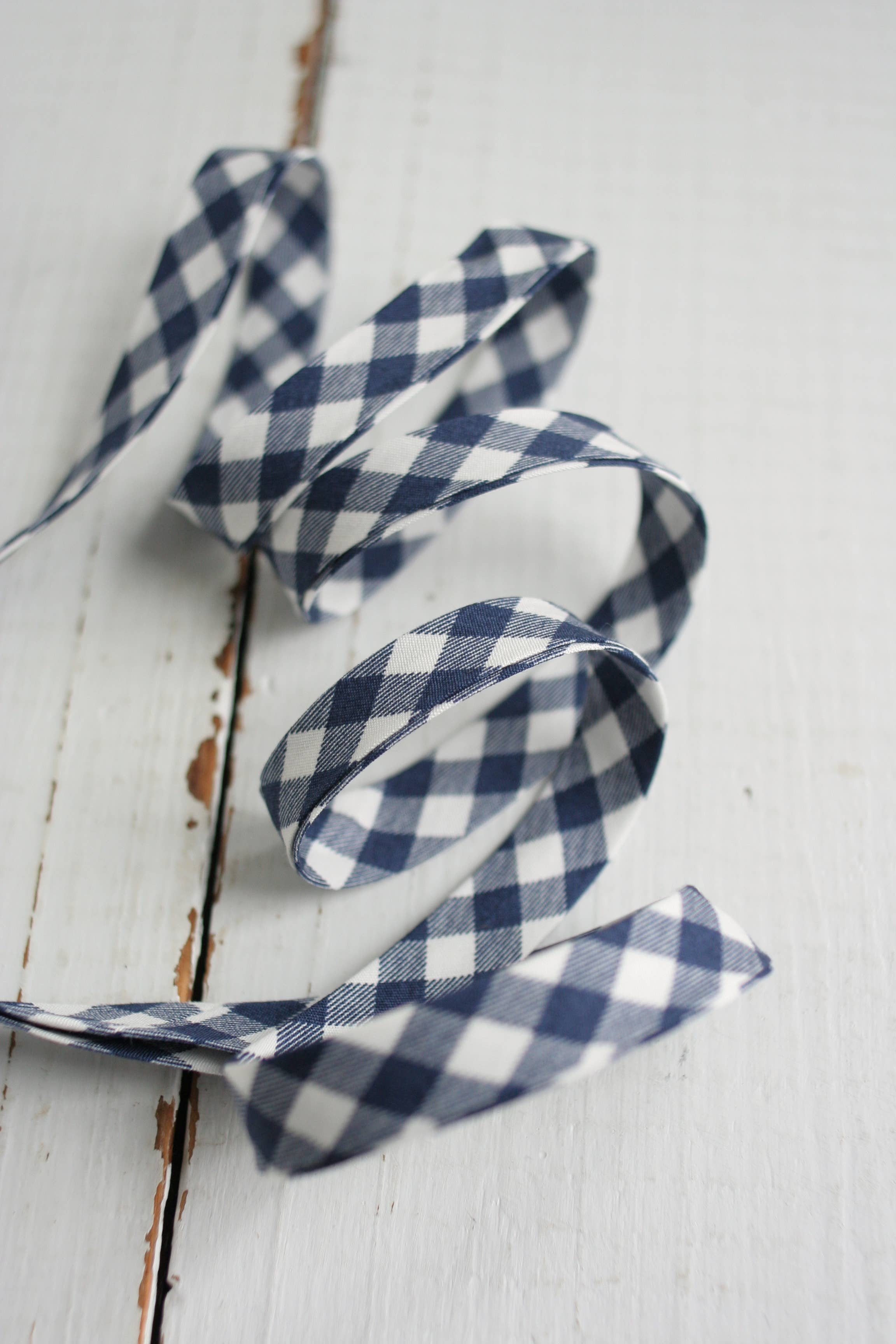 Navy Gingham 1/2 inch double fold cotton bias binding tape by Bessie Pearl Binding Co