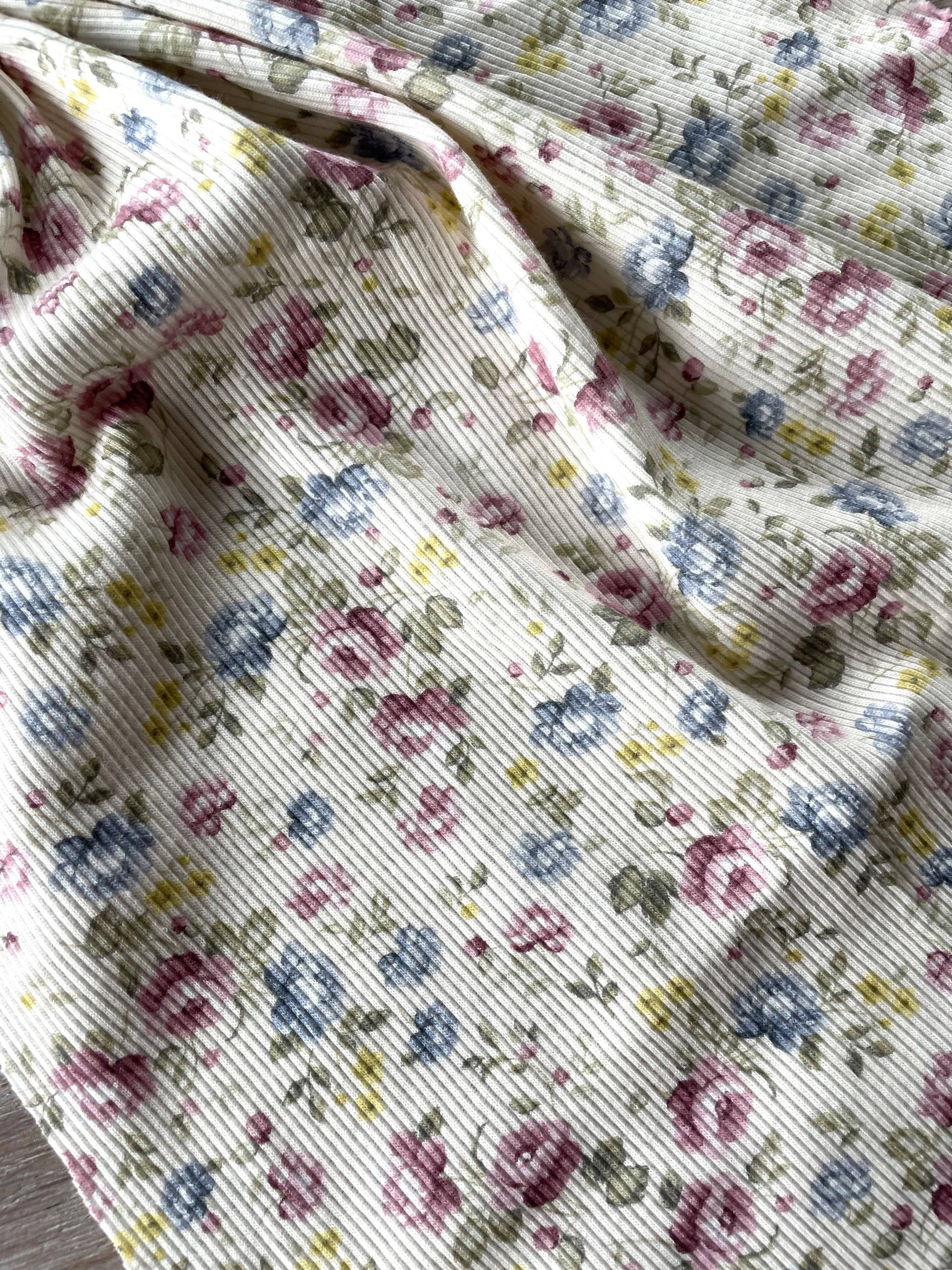 Atelier 27 Louison cotton jersey fabric draped showing stretch and floral stripe pattern