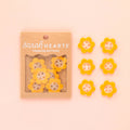 Yellow daisy-shaped buttons, pack of 6, 1 inch, plant-based cellulose acetate, on Sarah Hearts branded card