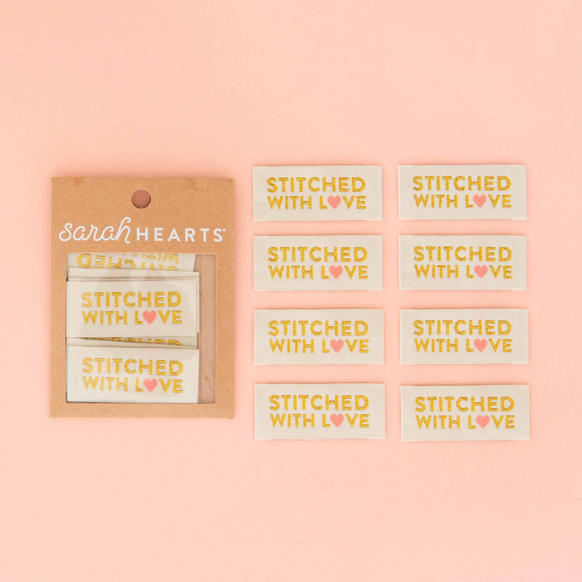 Sarah Hearts - Stitched with Love - Gold Sewing Woven Clothing Label Tags