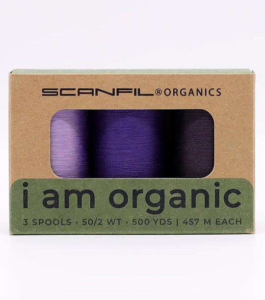 Scanfil organic cotton thread 3-spool set in Cool Purples, 50wt 500 yds