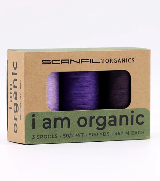 Cool Purples organic thread set — Regal Orchid, Royal Purple, and Plum Perfect spools
