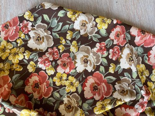 Close-up of the Inaya print crepe laid flat, showing the packed allover floral and the fine grain of the Moroccan crepe weave | Atelier 27