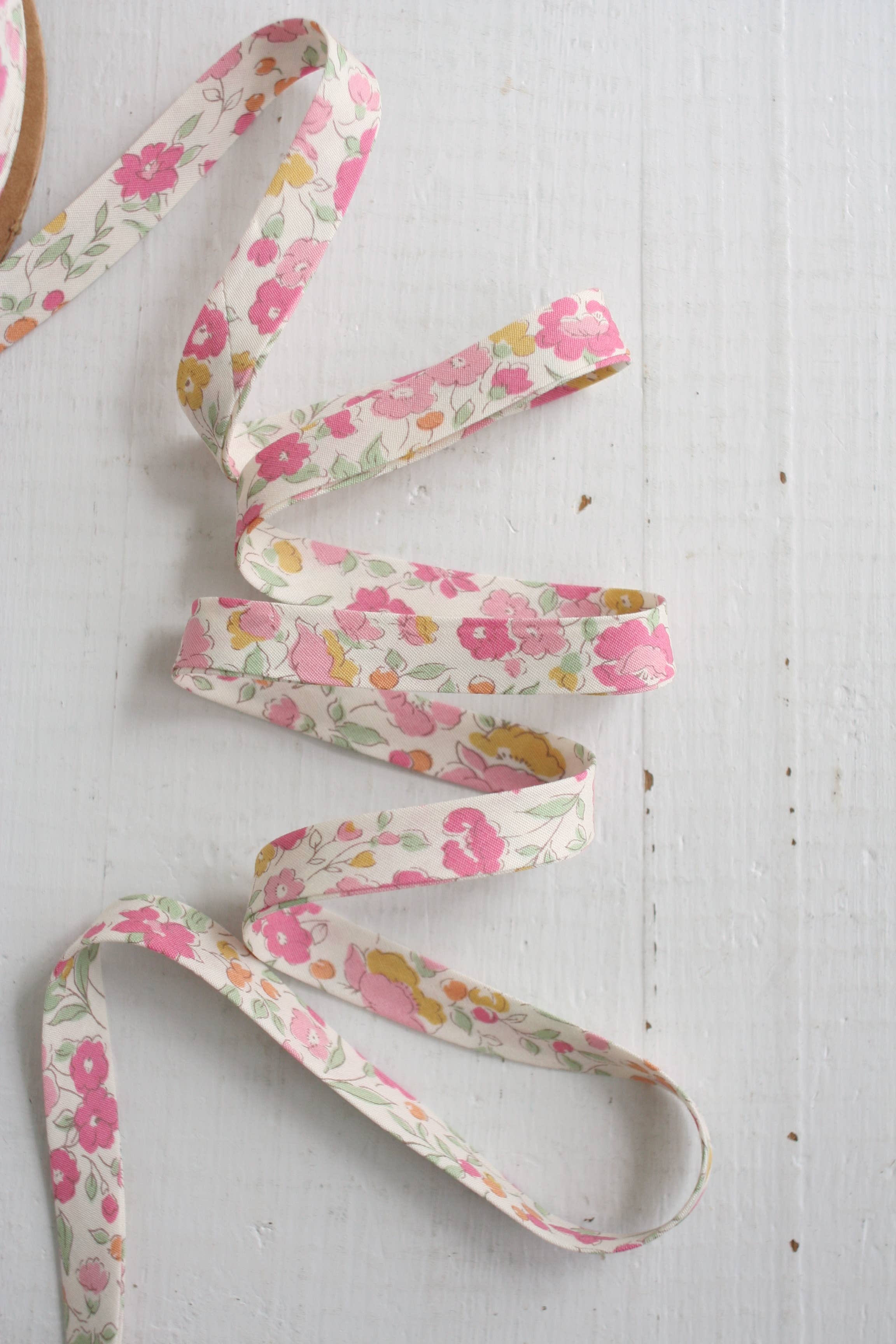 Pink Floral Liberty 1/2 inch double fold cotton bias binding tape by Bessie Pearl Binding Co
