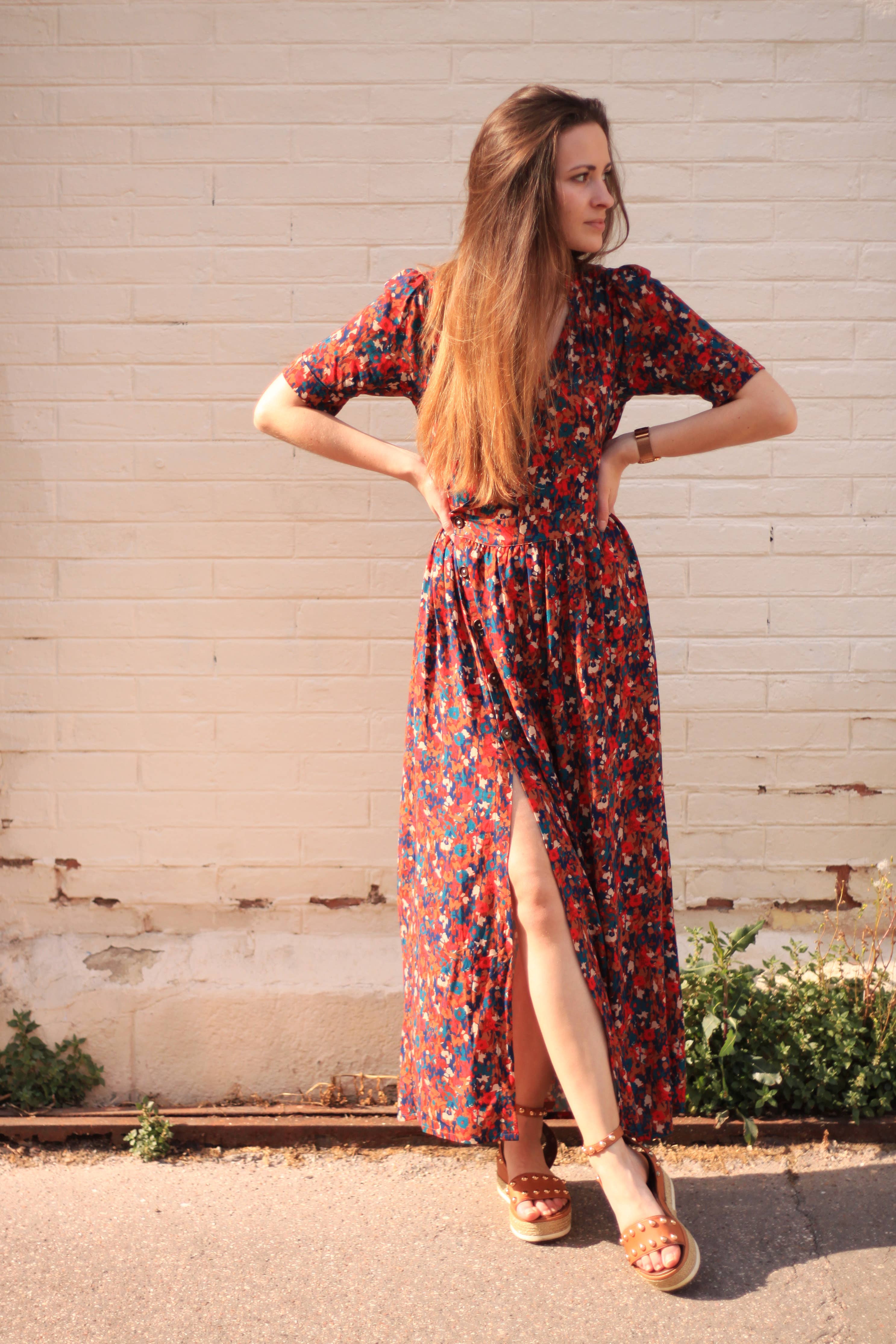 Garance Dress sewing pattern by Cha' coud sewn as a dark floral maxi with front slit, front view