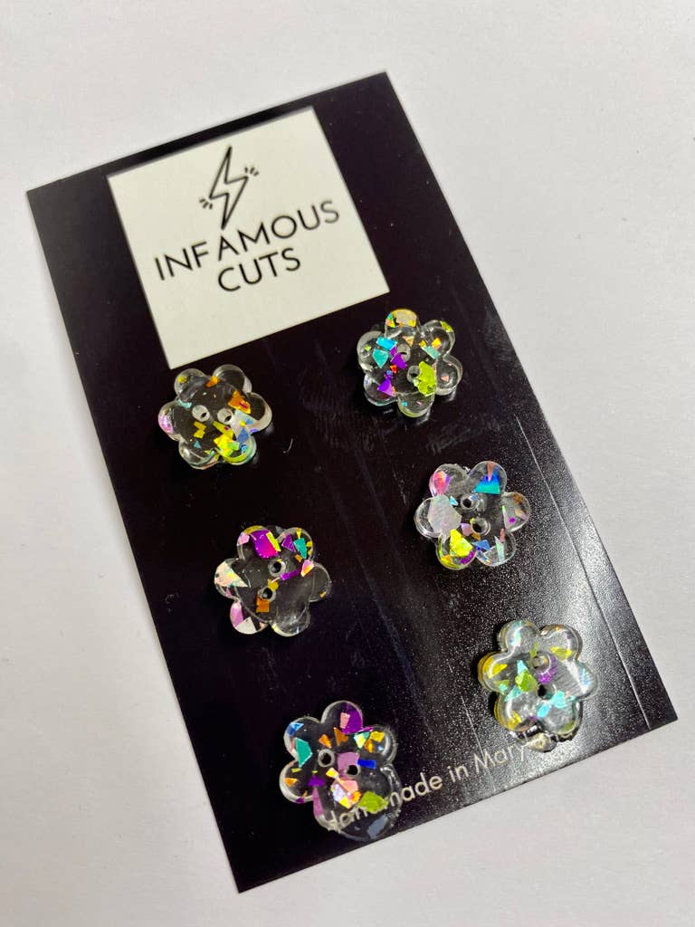 Infamous Cuts - 1/2" Confetti Glitter Two Hole Flower Acrylic Button