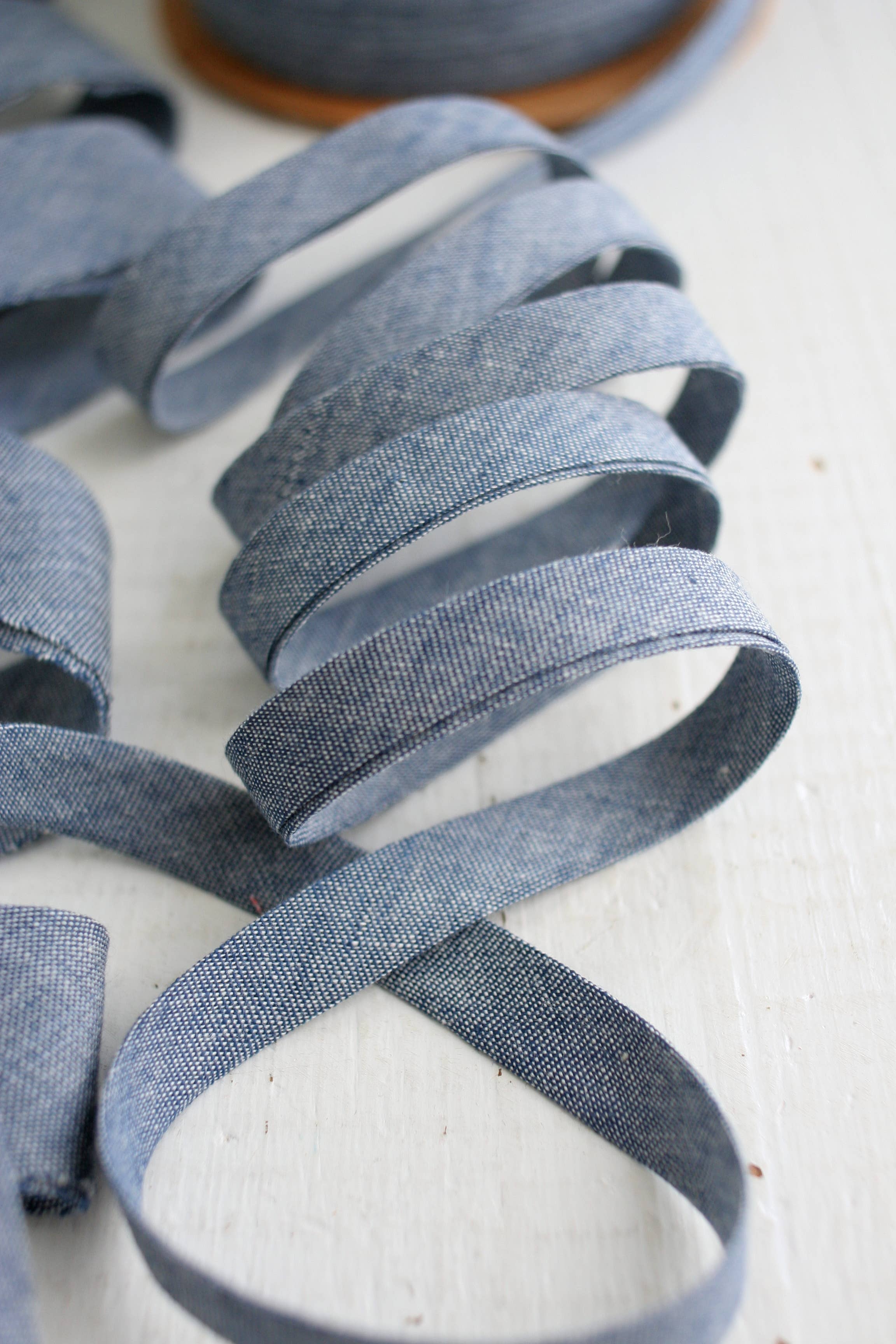 Chambray Indigo 1/2 inch double fold cotton bias binding tape by Bessie Pearl Binding Co
