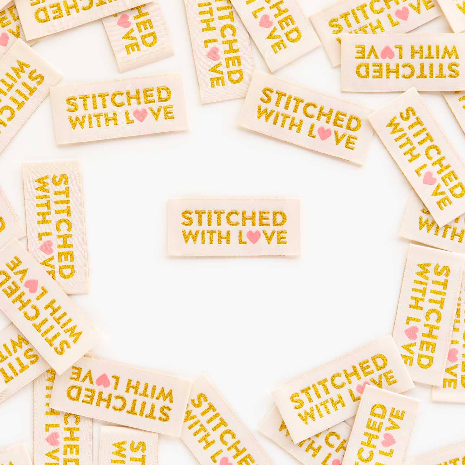 Sarah Hearts - Stitched with Love - Gold Sewing Woven Clothing Label Tags