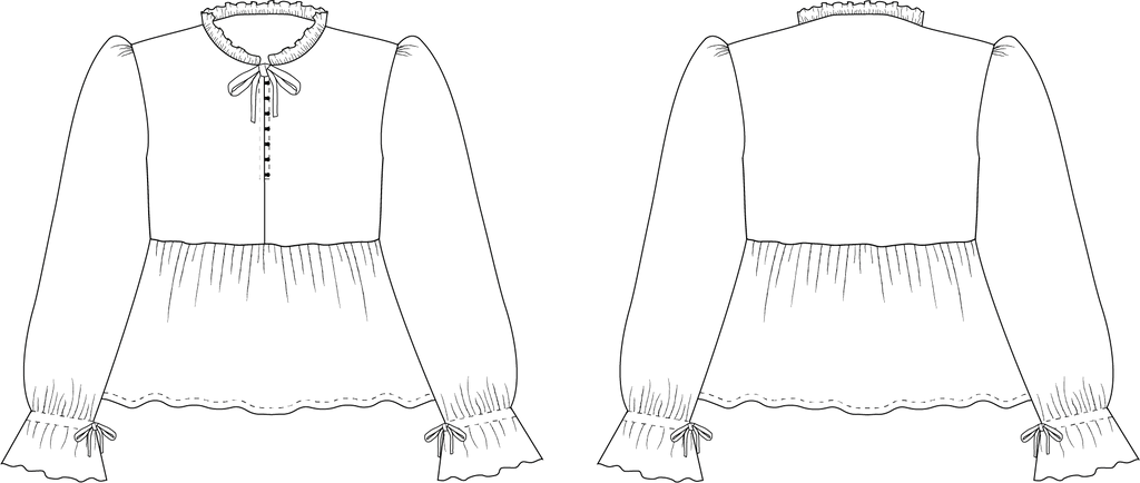 Technical line drawings of the Alessia Blouse, front and back: gathered ruffle neckline with tie, button-loop front, mutton sleeves with tie cuffs and gathered hip tier