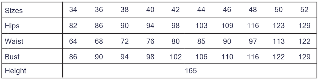 Cha' coud Alix Dress size chart, European sizes 34–52 with body measurements in cm, drafted for 165 cm height