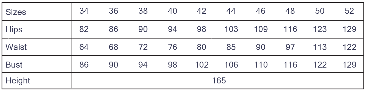 Cha' coud Alix Dress size chart, European sizes 34–52 with body measurements in cm, drafted for 165 cm height