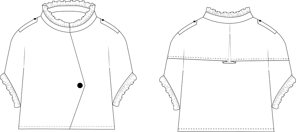 Technical line drawings of the Alixia Trench Coat, front and back: wrap closure, ruffle collar, buttoned shoulder straps and ¾ ruffle sleeves