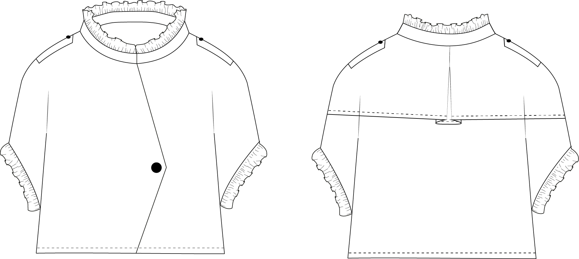 Technical line drawings of the Alixia Trench Coat, front and back: wrap closure, ruffle collar, buttoned shoulder straps and ¾ ruffle sleeves