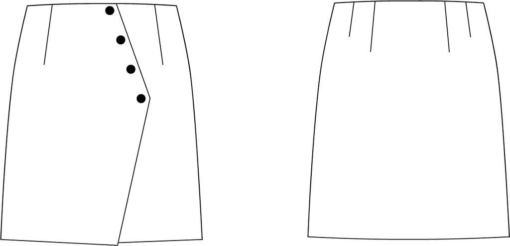 Technical line drawings of the Amélie Skirt, front and back: straight mini skirt with asymmetric four-button front and waist darts