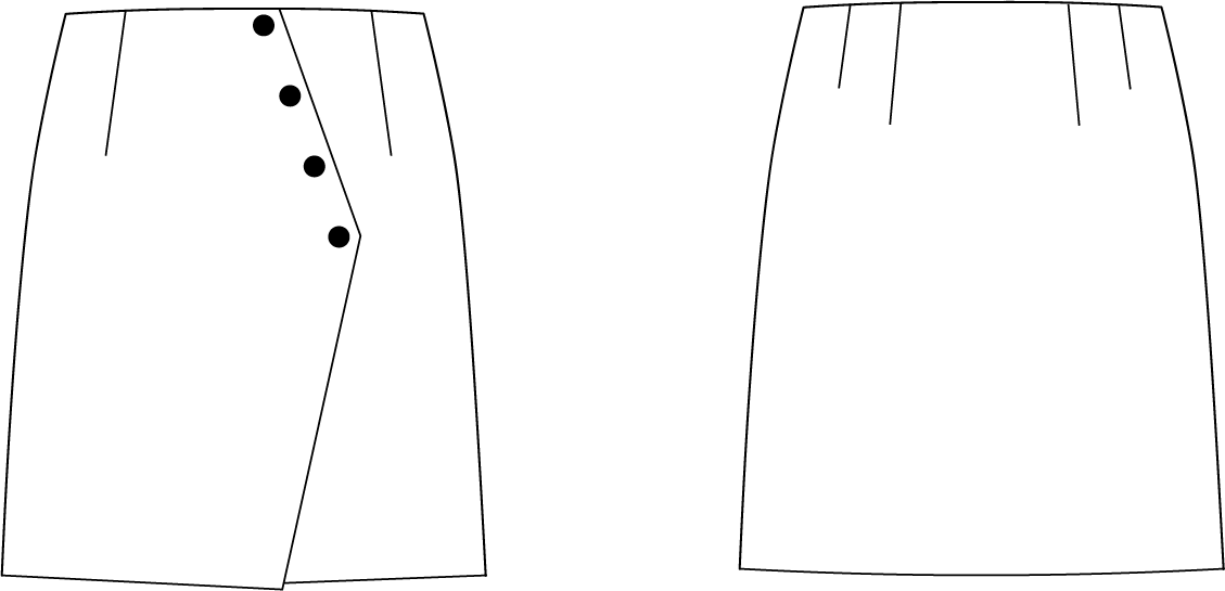 Technical line drawings of the Amélie Skirt, front and back: straight mini skirt with asymmetric four-button front and waist darts