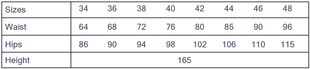Cha' coud Amélie Skirt size chart, European sizes 34–48 with waist and hip measurements in cm, drafted for 165 cm height