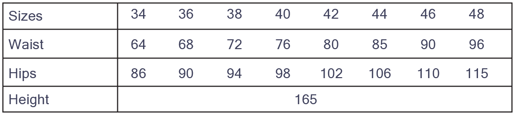 Cha' coud Amélie Skirt size chart, European sizes 34–48 with waist and hip measurements in cm, drafted for 165 cm height