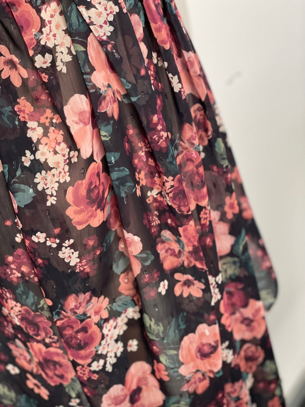 Atelier 27 Camille print dotted lurex voile fabric, plum and pink on black, semi-sheer with metallic dots