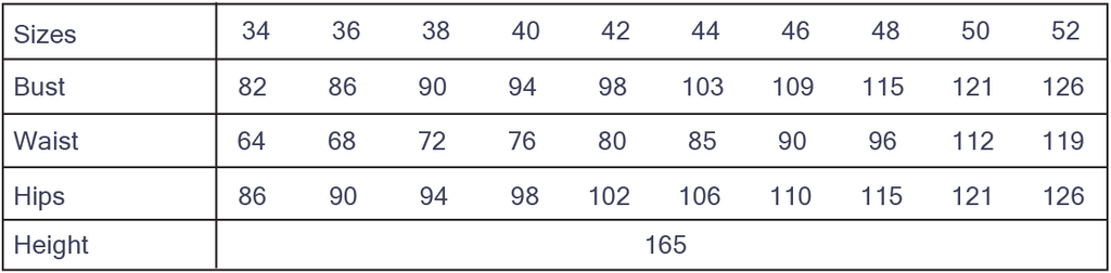 Cha' coud Charlotte Dress size chart, European sizes 34–52 with bust, waist and hip measurements in cm, drafted for 165 cm height