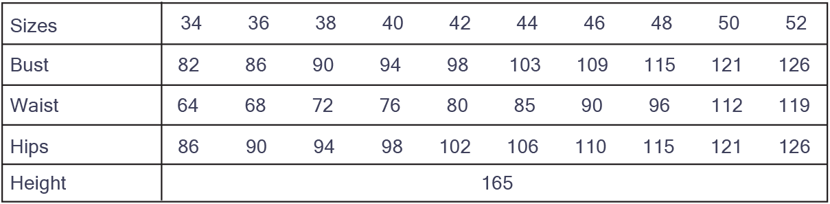 Cha' coud Charlotte Dress size chart, European sizes 34–52 with bust, waist and hip measurements in cm, drafted for 165 cm height