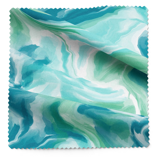Fluidity Swirl blue and green abstract print viscose by Roo-tid — pinked-edge fabric swatch