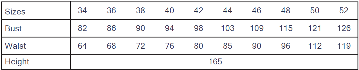 Cha' coud Isalys Cardigan size chart, European sizes 34–52 with bust and waist measurements in cm, drafted for 165 cm height