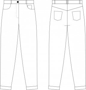 Technical line drawings of the Jade Trousers, front and back: straight leg, fly front, curved pockets, V-shaped yoke and patch pockets