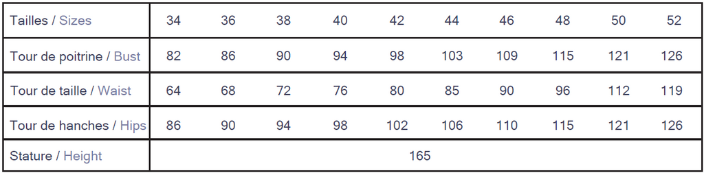 Cha' coud Lison Dress size chart, European sizes 34–52 with bust, waist and hip measurements in cm, drafted for 165 cm height