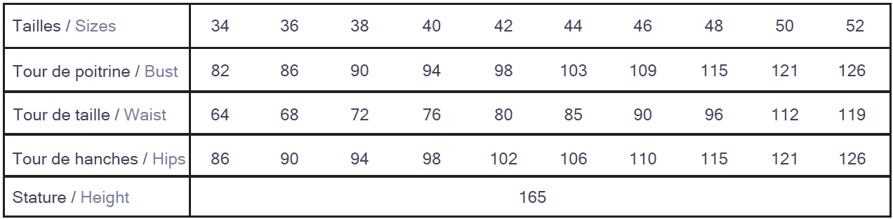 Cha' coud Lison Dress size chart, European sizes 34–52 with bust, waist and hip measurements in cm, drafted for 165 cm height