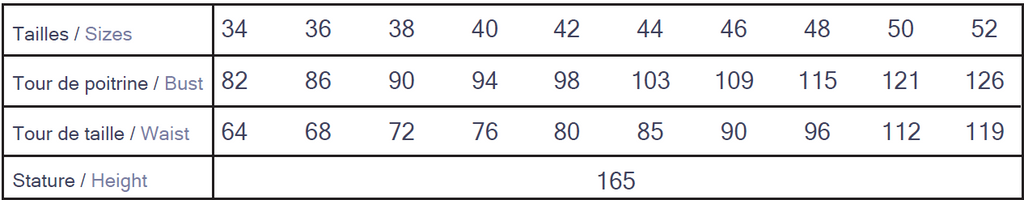 Cha' coud Maritza Shirt size chart, European sizes 34–52 with bust and waist measurements in cm, drafted for 165 cm height