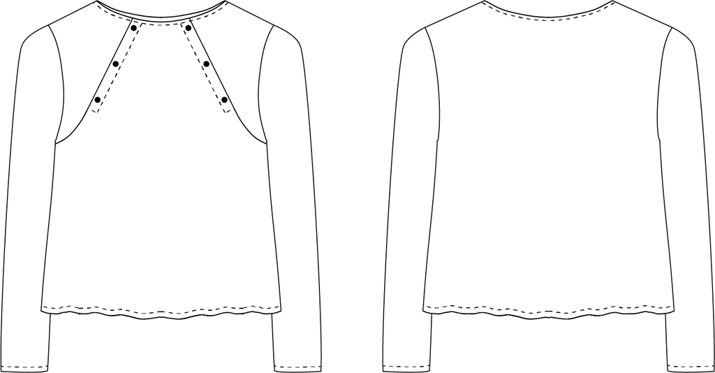Technical line drawings of the Oria Jumper, front and back: close crew neckline with buttoned raglan seams and long sleeves