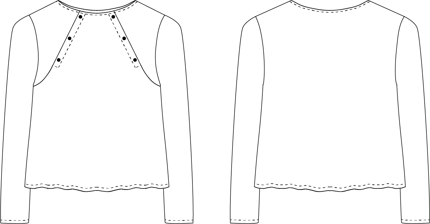 Technical line drawings of the Oria Jumper, front and back: close crew neckline with buttoned raglan seams and long sleeves