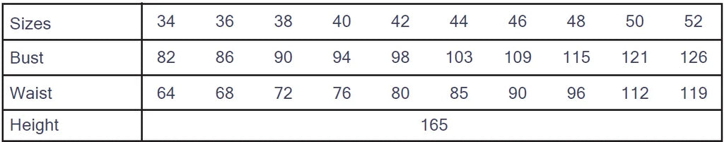 Cha' coud Oria Jumper size chart, European sizes 34–52 with bust and waist measurements in cm, drafted for 165 cm height