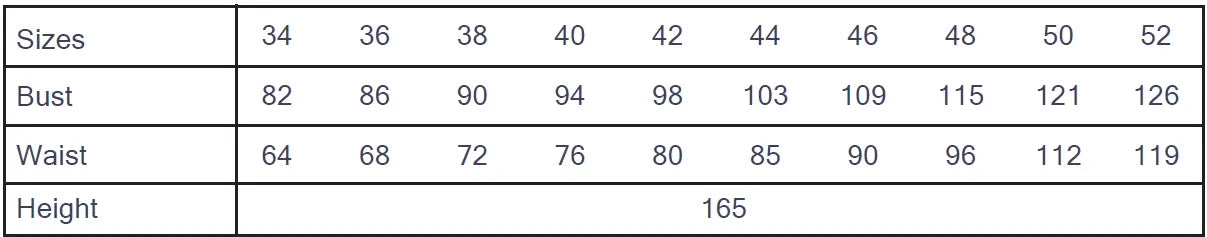 Cha' coud Oria Jumper size chart, European sizes 34–52 with bust and waist measurements in cm, drafted for 165 cm height
