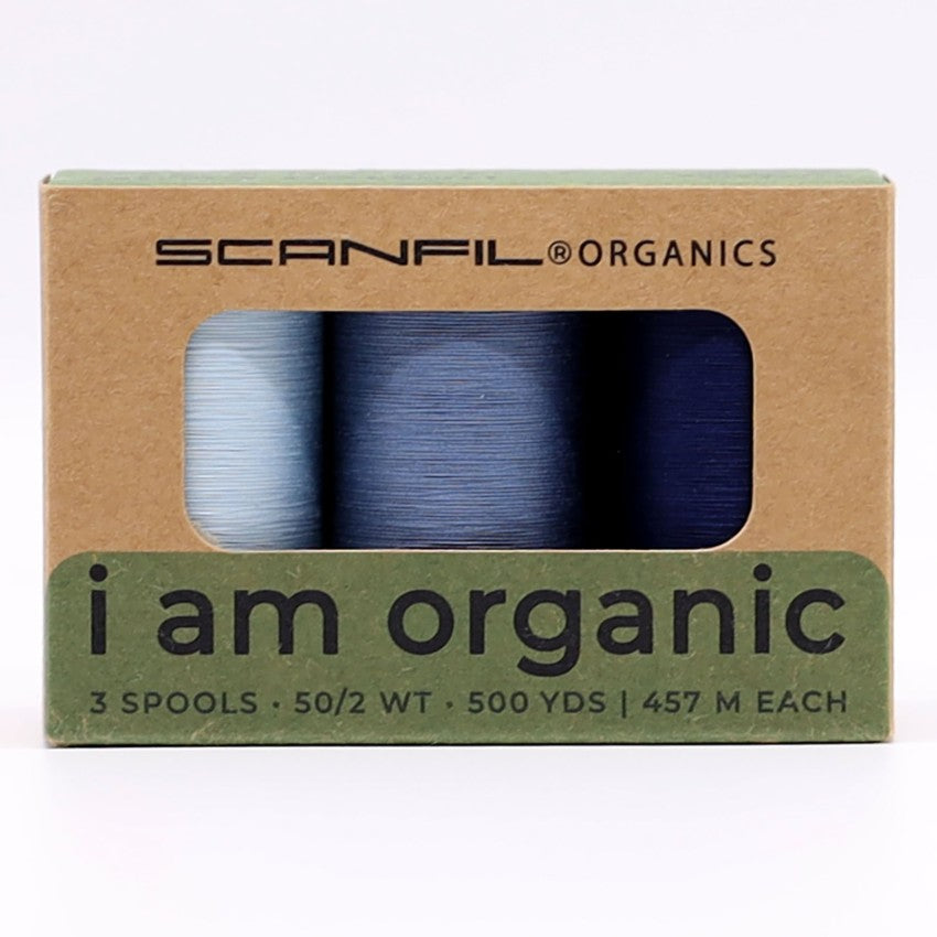 Scanfil organic cotton thread 3-spool set in Denim Blues, 50wt 500 yds