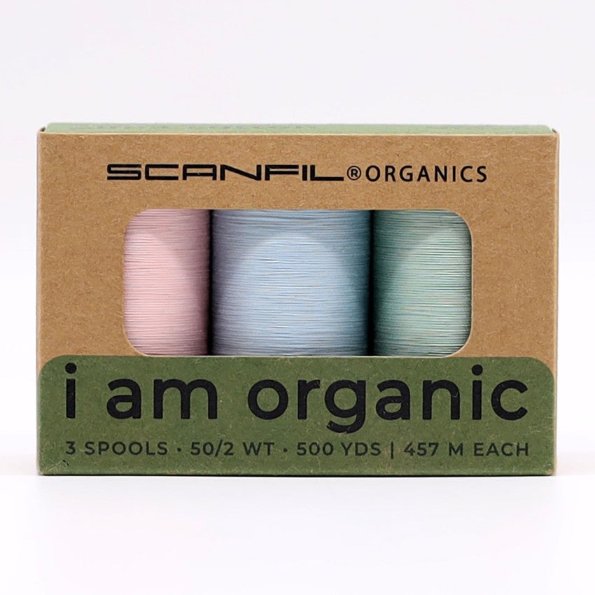 Scanfil organic cotton thread 3-spool set in Baby Pastels, 50wt 500 yds