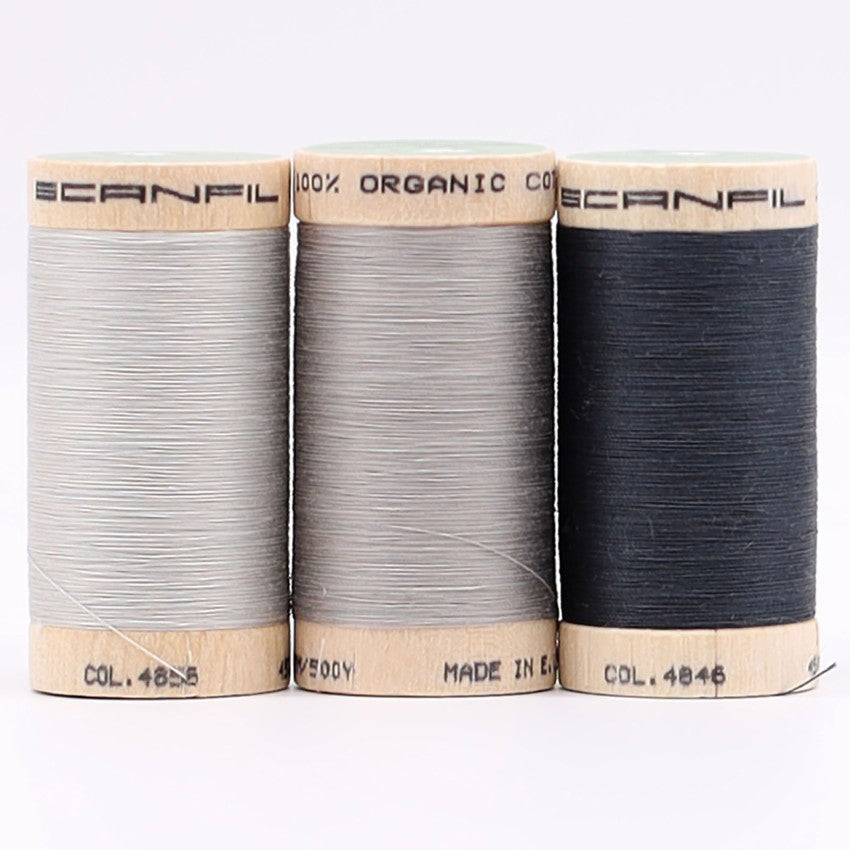 Scanfil Stormy Greys thread set showing natural wood spools