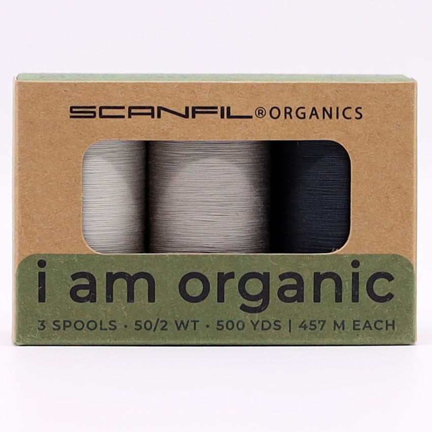Scanfil organic cotton thread 3-spool set in Stormy Greys, 50wt 500 yds