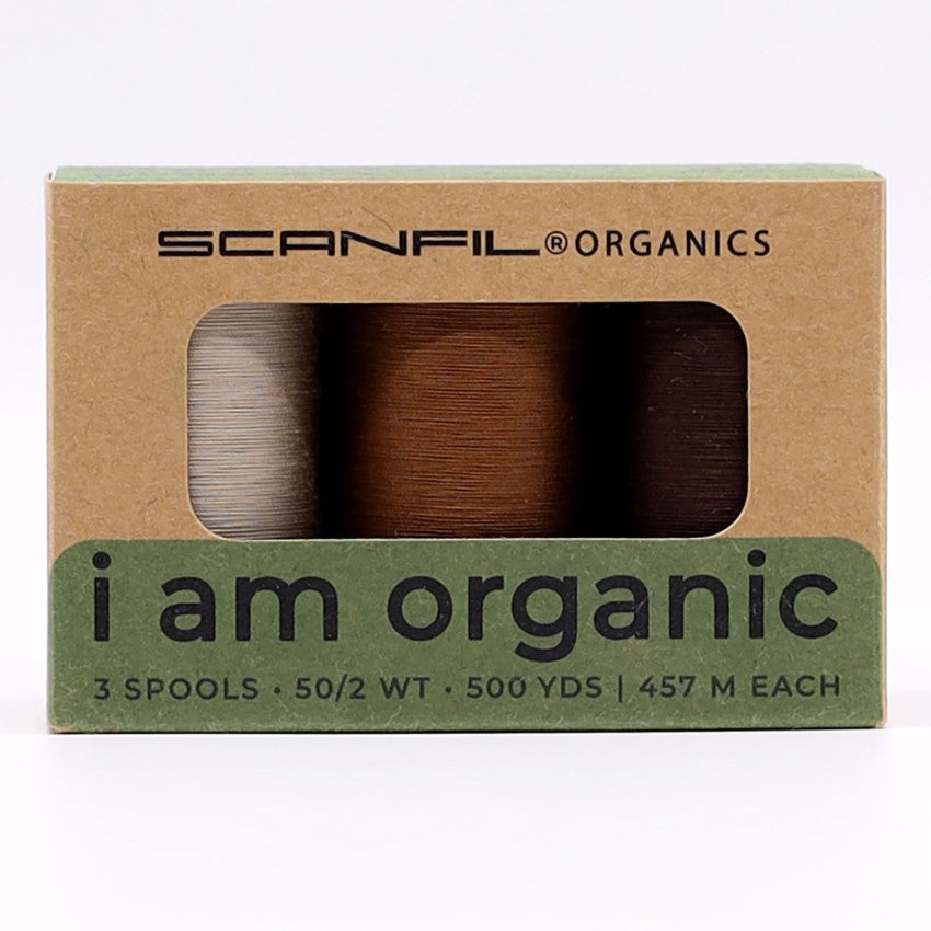 Scanfil organic cotton thread 3-spool set in Earthy Browns, 50wt 500 yds