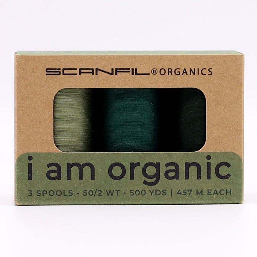Scanfil organic cotton thread 3-spool set in Foresty Greens, 50wt 500 yds