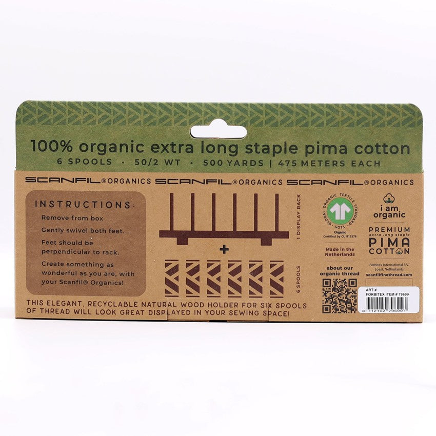 Patriotic 6-spool organic thread set on wooden display stand, view 1