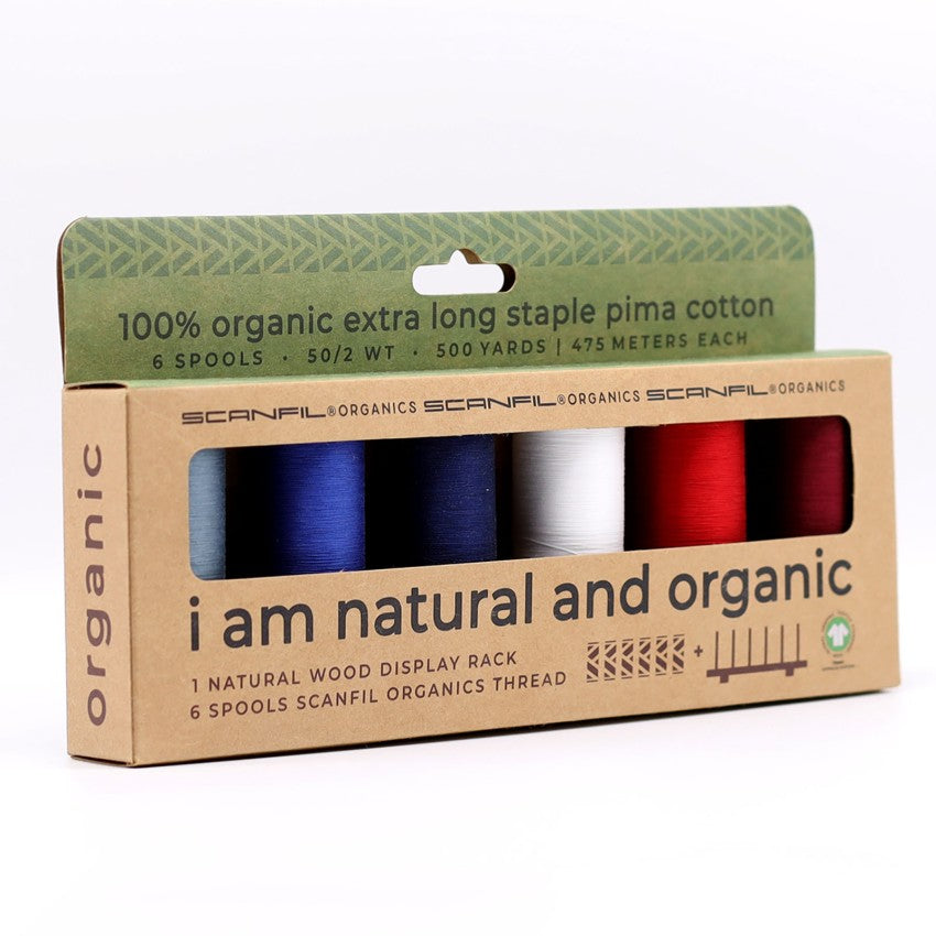 Patriotic 6-spool organic thread set on wooden display stand, view 2