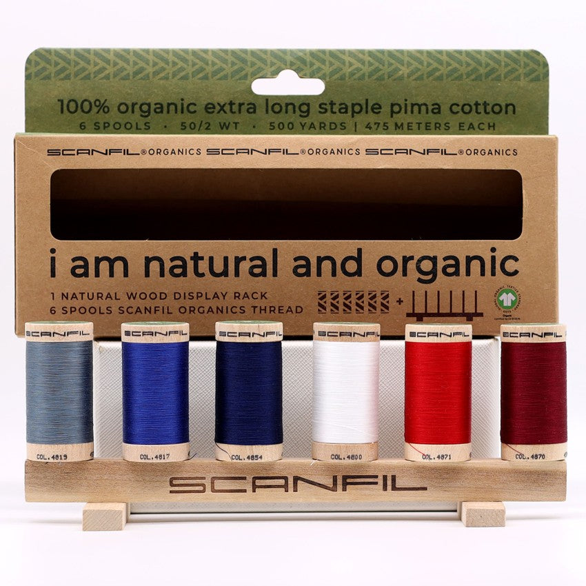 Patriotic 6-spool organic thread set on wooden display stand, view 3