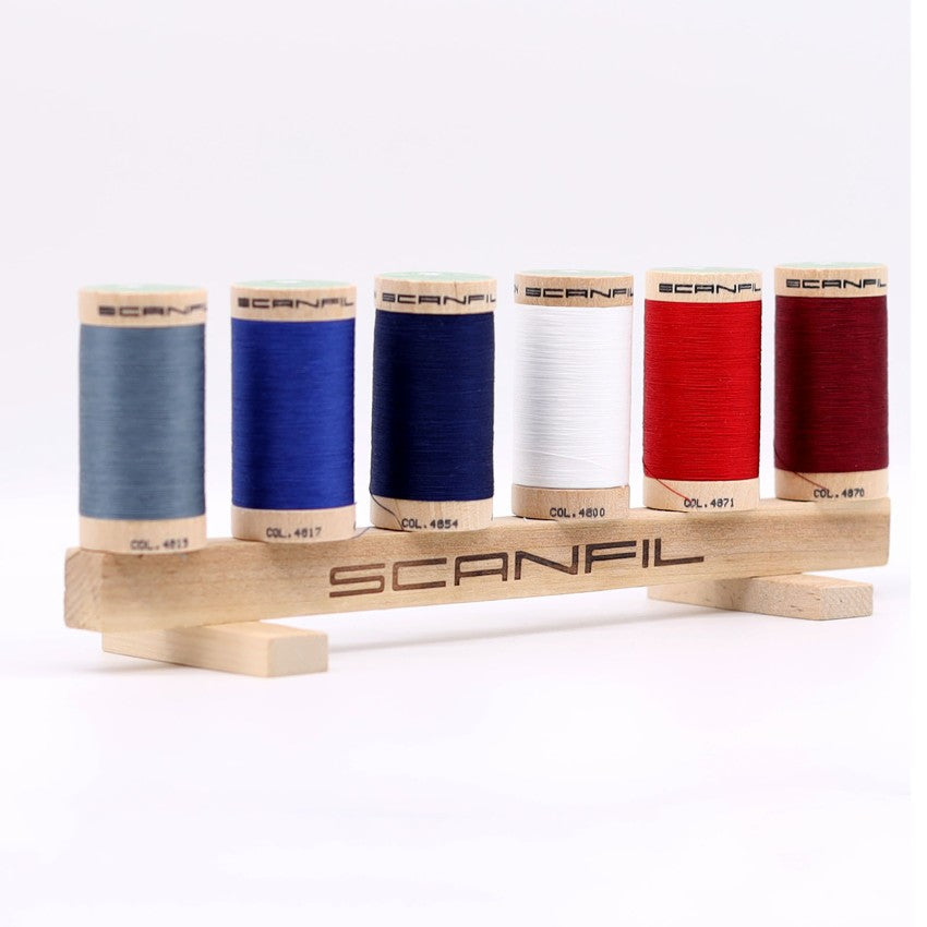 Patriotic 6-spool organic thread set on wooden display stand, view 4