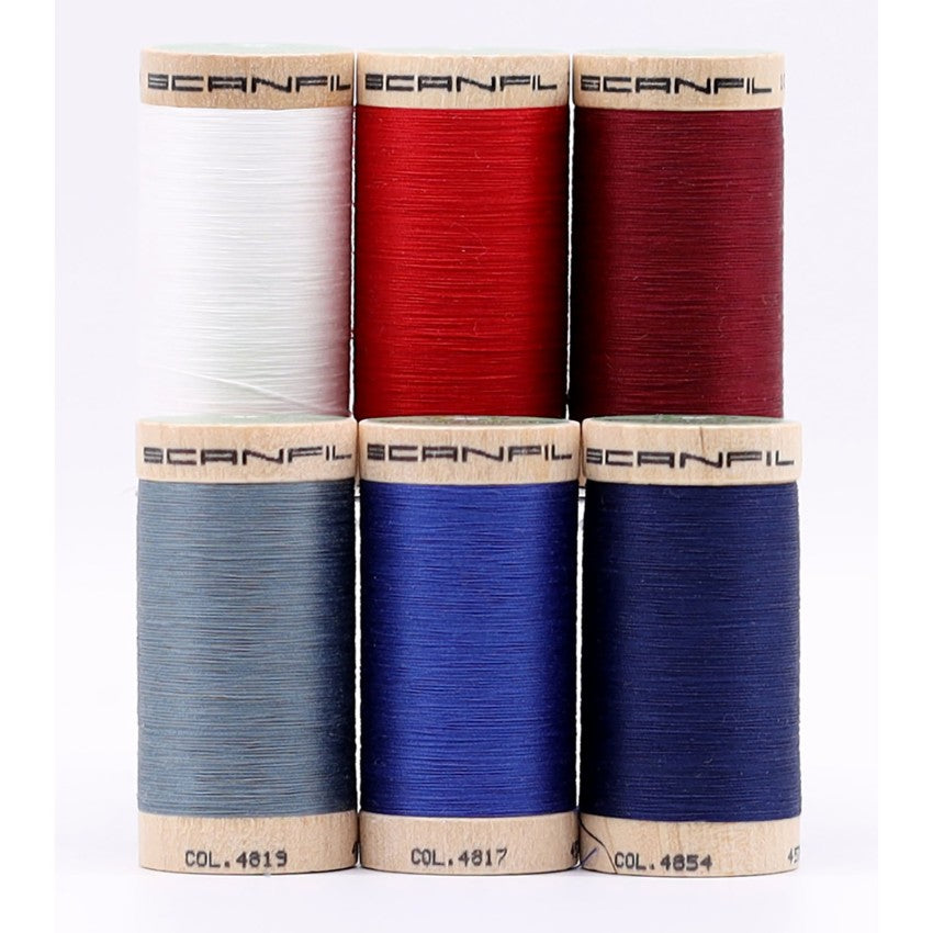 Patriotic 6-spool organic thread set on wooden display stand, view 5